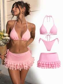 Set Pakaian Renang Wanita Musim Panas Warna Pink Muda Polos Seksi Modis Model Bikini Halter Dua Potong dengan Penutup Berumbai Tiga Lapis Jala yang Lucu untuk Liburan - Berwarna merah muda - View 1