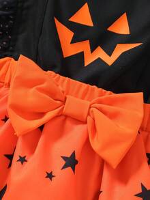 Infant Girls Halloween Outfit Set, Lace Trim Flutter Sleeve Pumpkin Ghost Face Star Print Bodysuit With Bow Decorated Hat, 2 Pieces Summer Set - Multicolor - View 6