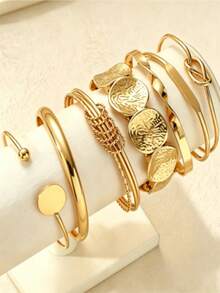 7 pezzi Set di braccialetti a fascia ondulati, geometrici e rotondi di lusso e versatili - Dorato - Visualizzare 2