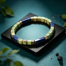 Lapis Lazuli Green Stone Cube Bracelet, Gold Spacer Elastic Stretch Bracelet, Vintage Style Jewelry Gift For Men And Women - Multicolor - View 5