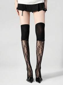 1 Pair Sweet Cool Y2K Hot Girl Style Over-The-Knee Socks, Contrast Lace Bow Long Tube Socks, Sexy Black Sheer Socks - Multicolor - View 7