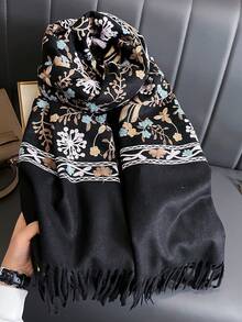 1件女款秋冬仿羊絨刺繡圍巾，加厚保暖披肩斗篷，附流蘇，波希米亞風旅行披肩 - 黑色 - 查看 6