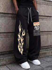 MAISONFOX Men's Black Loose Sweatpants, Vintage Cream Flame Pattern & Patchwork Text, Drawstring Wide Leg Joggers, Retro Skateboard Streetwear Long Pants - Black - View 8