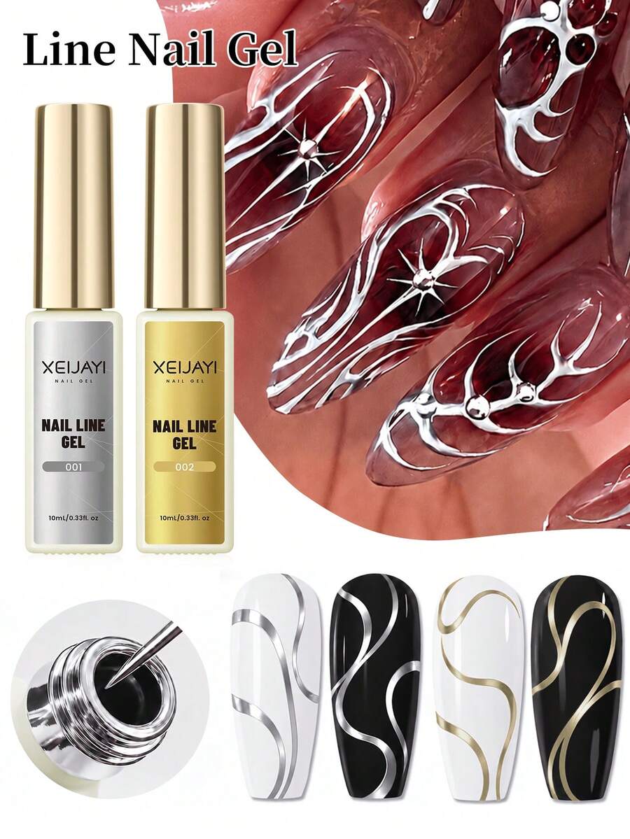 XEIJAYI 10ml Gold & Silver Nail Art Line Gel Semi-Permanent UV/LED Nail Polish Painting Gel DIY Nail Art Liner Gel Tool Women's Gift - Multicolor - View 1