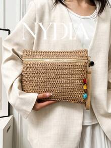 Women's Wavy Straw Woven Envelope Clutch Bag, Colorful - Khaki - View 2