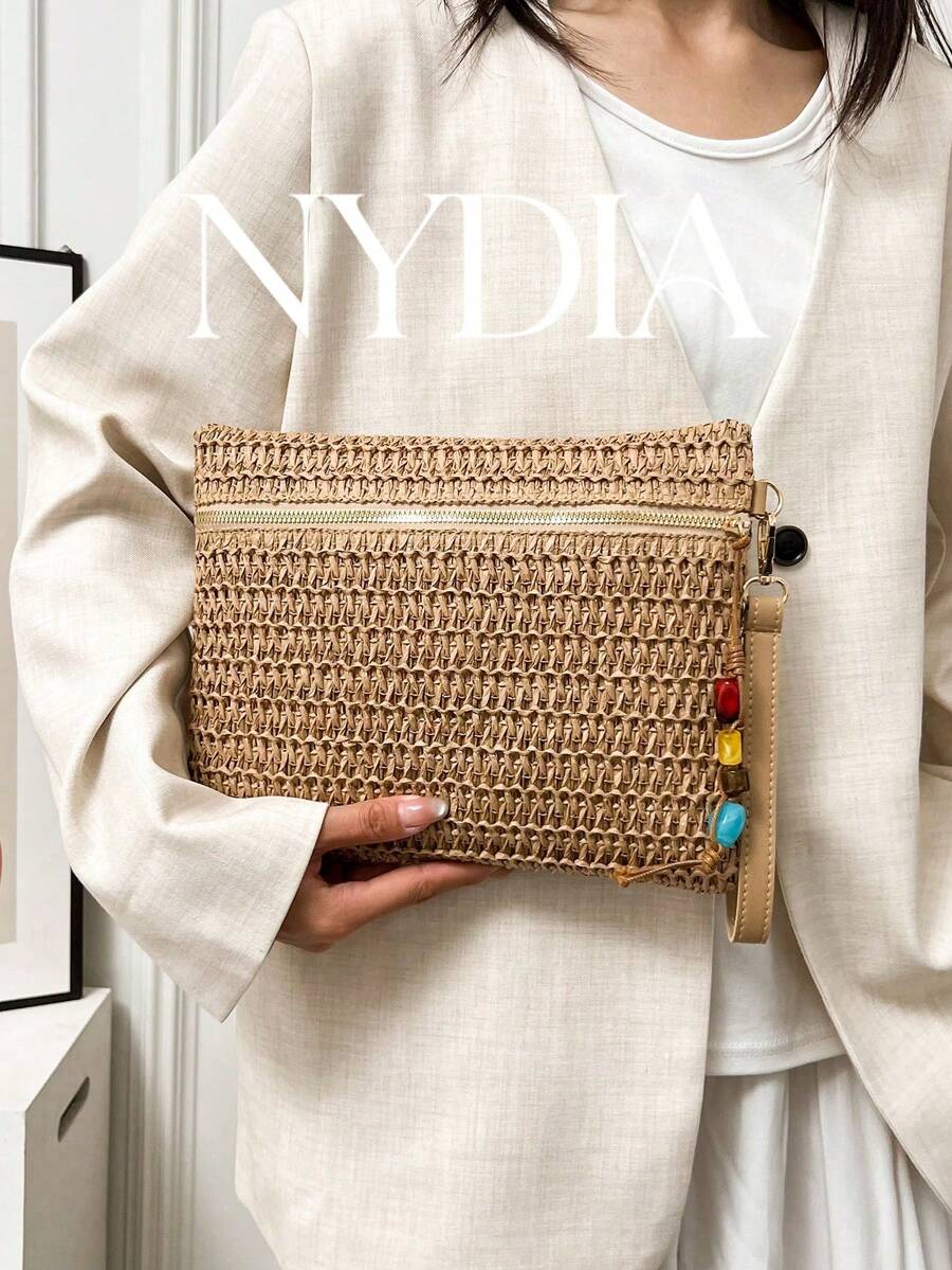 Women's Wavy Straw Woven Envelope Clutch Bag, Colorful