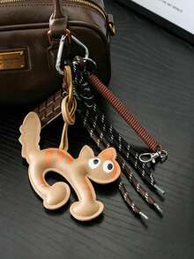 Cute Leather Cat Bag Charm Keychain, Cat Pendant With Chocolate Charm And Braided Rope Tassel, Bag Charm, Car Interior Charm, Car Keychain. Sweet Coffee Tone Bag Accessory Gift, Suitable For Women And Girls, Gift For Women, Birthday, Holiday Gift. - Multicolor - View 3