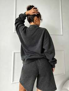 RNU Vintage Distressed Snowflake Wasteland Style Casual Sweatshirt & Shorts 2 Pieces Set, Loose Long Sleeve Sweatshirt With Wide Leg Bermuda Shorts, Autumn/Winter Sweatshirt Set, Home Leisure Street Party Outfit, Versatile Preppy Style, Spring/Autumn New 2 Pieces Set - Black - View 7