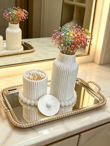 Set Aksesori Kamar Mandi Garis Vertikal Putih 3 Buah - Baki Rias Tepi Mutiara + Vas Kecil Bergaris + Wadah Penyimpanan Cotton Bud dengan Tutup, Set Aksesori Kamar Mandi 3-in-1, Set Dekorasi Meja Rias, Set Baki, Vas, dan Wadah Penyimpanan - ABC - View 4