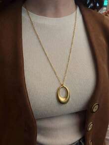1pc 18K Gold Plated Stainless Steel Geometric Oval Pendant Necklace, Minimalist Vintage Luxury Necklace, Suitable For Daily Wear - Gold - View 2