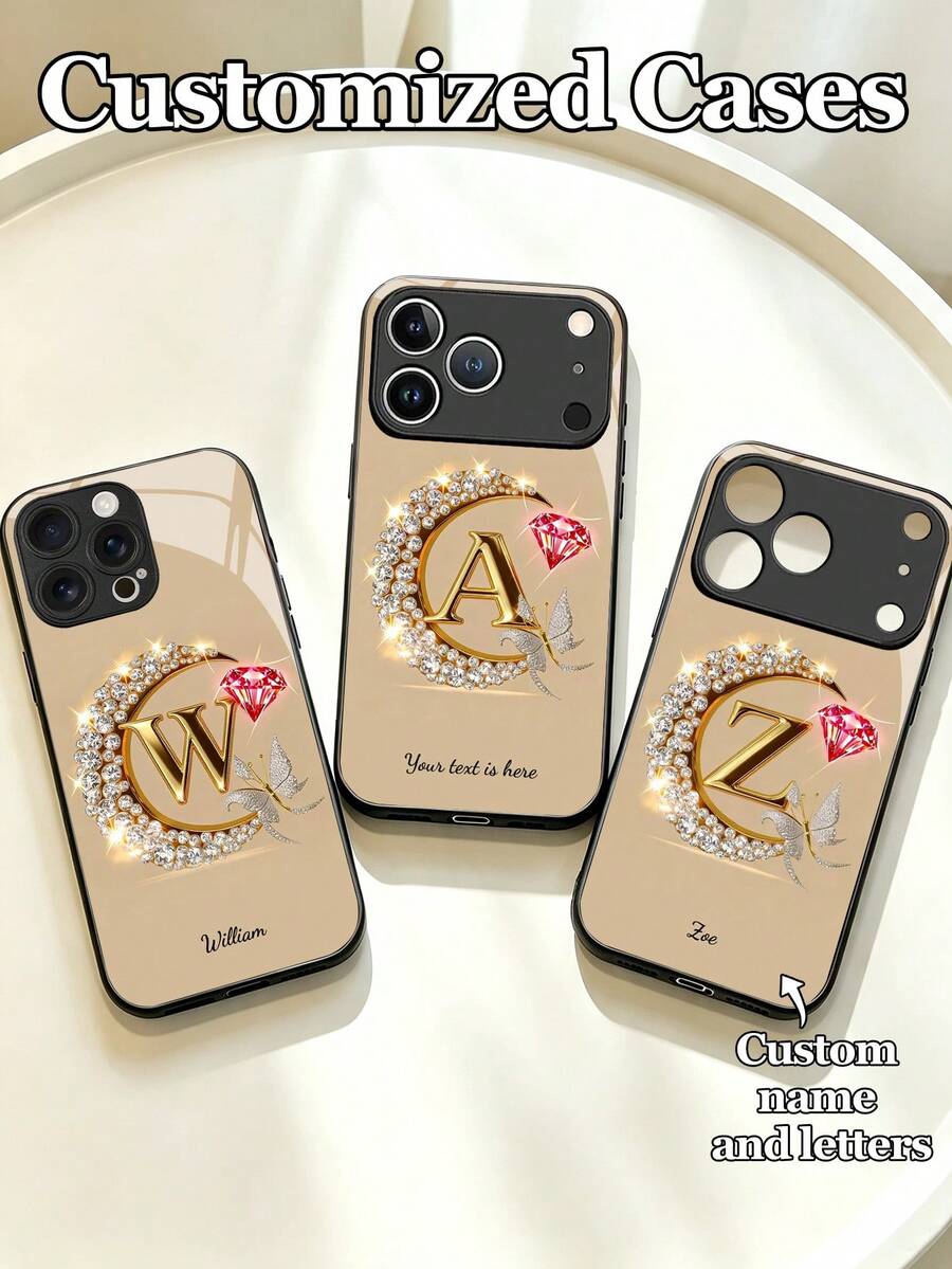 1个可定制文字字母设计的金色新月形边框镶钻钢化玻璃手机壳,兼容 17 Pro Max/17 Air/15/16 Pro/14 Plus/13 Pro/12 Pro Max/11/Xs Max/8/7/6 Plus、S24 Ultra/S25 Ultra,兼容Redmi NOTE 13/14、Redmi K40、小米11,时尚商务定制礼品,送给家人、同事、朋友,国际版,非国内版 - 黑色 - 查看 1