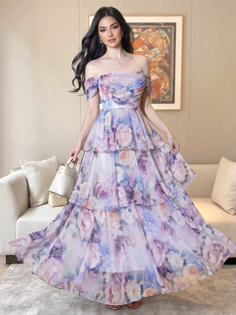 Abito elegante da donna con stampa floreale, scollo a spalle scoperte, arricciature e strati, abito da sposa bohémien con chiusura a cerniera, adatto per l'estate - Multicolore - Visualizzare 1