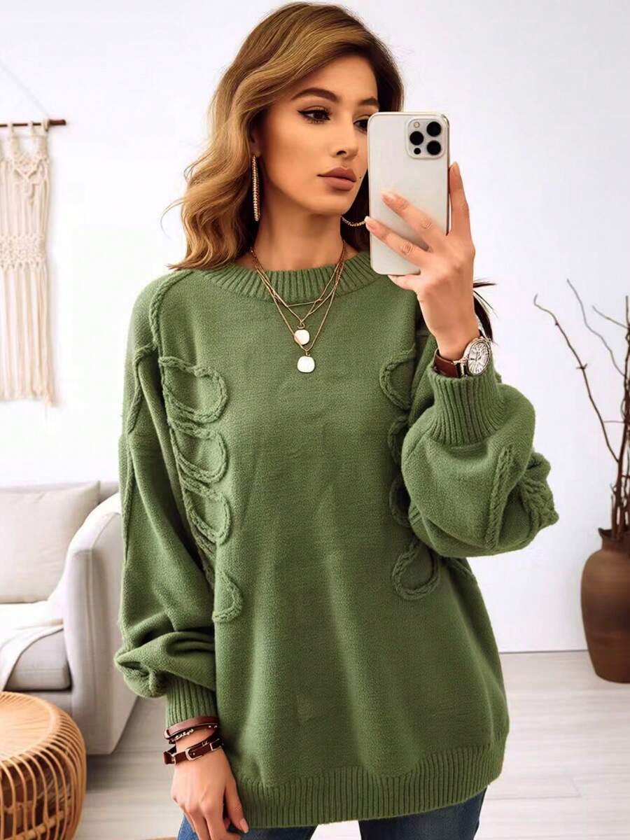 European And American Style Elegant Casual College Women's Plus Size Solid Color Knit Sweater With Geometric Pattern, Autumn/Winter Pullover Fall