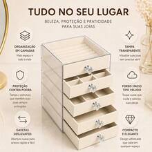 Caixa Organizadora de Joias 5 Gavetas em Acrílico Transparente com Forro Aveludado, Protege Brincos, Colares e Anéis Contra Arranhões e Oxidação, À Prova de Poeira e Umidade para Penteadeira - OrganizadorJoias-5GavetasVeludo-BegeTransparente - Visão 6