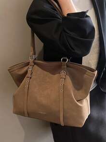Large Capacity Tote Bag, Retro Style Faux Leather Handbag With Front Pocket For Work & Travel - Brown - View 8