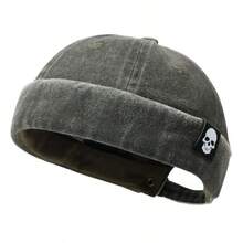 1pc Skull Logo Hat, Washed Distressed Brimless Skull Cap, Solid Color, Suitable For Parties And Outings, Unisex, All Season - A - View 6