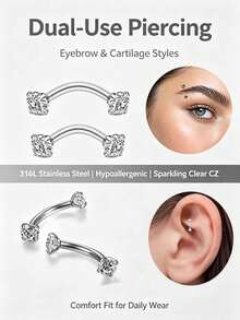 1 pieza Exquisito anillo de ceja de acero inoxidable 316L brillante con barra curva, barra de doble extremo, pendiente de cartílago de oreja, joyería de perforación con rosca interna y cuatro puntas de strass, adecuado para uso diario - Blanco - Ver 2