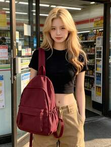 1pc Minimalist Solid Color Nylon Backpack, Woven Rope Zipper Design, Multi-Pocket Compartment Storage, Durable And Wear-Resistant Fabric, Large Capacity, Can Store Books, Stationery And Personal Items, Suitable For Daily School, Short Trips, Versatile And Timeless Style, Recommended Backpack For Back To School Season, Suitable As Christmas Gift, Halloween Gift, Thanksgiving Gift For Students And Teenagers - Multi-color - View 4