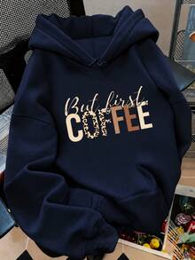 Sweatshirt Wanita Warna Navy, Tapi Pertama Kopi, Sweatshirt Kasual Oversized dengan Grafis Huruf Leopard untuk Musim Gugur - Navy Blue - View 2