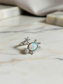 Fantasy Sparkling Opal Turtle & Star Separable Ring, Silver Plated Rhinestone Zirconia Open Adjustable Finger Ring, Minimalist Ocean & Sky Theme Jewelry - White - View 5