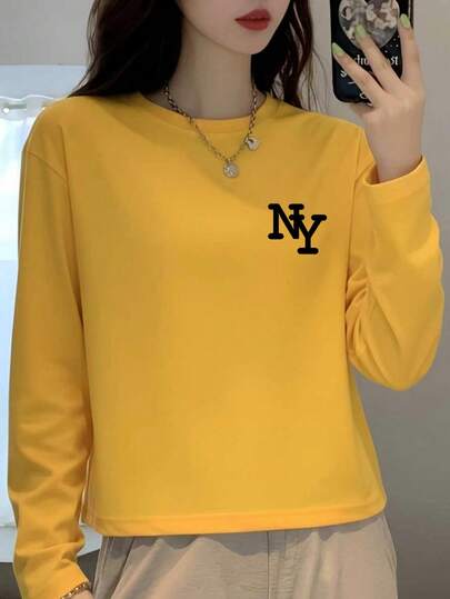 NY Letter Print Yellow Long Sleeve T-Shirt Women, Early Autumn Cropped Waist-Baring Slimming Versatile Sexy Top Casual