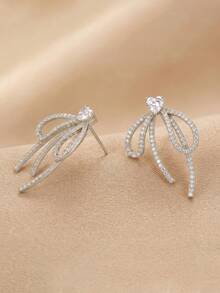1 Pair French Style Full Rhinestone Bow Earrings, Heart-Shaped Zirconia + Dangle Ribbon Design, Suitable For Women's Party Gift - Silver - View 3