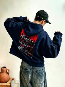 男童超級跑車與賽車格子旗背印圓領套頭衛衣，Passion Club 字母圖案寬鬆長袖童裝街頭風衛衣 - 藏蓝色 - 查看 2