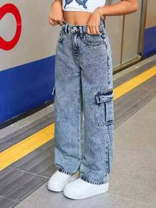 Tween Girls' Casual Loose Denim Long Pants, Straight Leg Cargo Pants With Flap Pockets And Contrast Stitching Details, Suitable For Spring/Summer Y2K Vintage Washed 2000s Denim Cargo Pants - Blue - View 3
