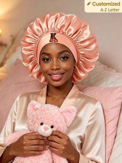 1pc Silk Satin Sleep Cap For Women – Soft Night Bonnet With Printed Letter Design, Adjustable Headwrap For Curly Hair, Sleeping Hair Cover, Home Use
