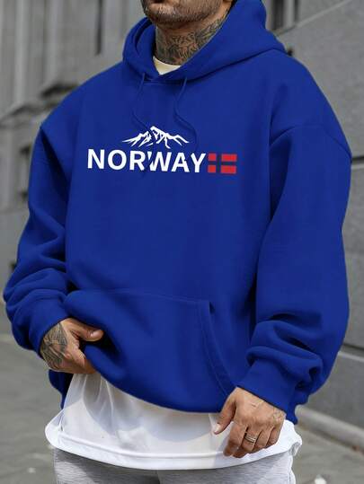 Autumn Winter Men's Cotton Loose Fit Hooded Pocket Sweatshirt With White Mountain Print, Norway Text And Red Flag, Casual Street Sports Style