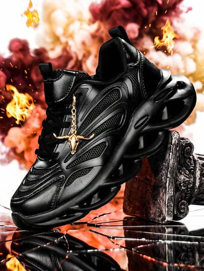 Men's Outdoor All-Season Fashion Sports Shoes, EVA Lightweight Thick Sole Height Increase 5CM, Black Chunky Sneakers With Detachable Gold Bull Head Pendant, Running Fitness Multi-Scenario Halloween Outfit