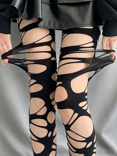 1 Pair Distorted Bandage Fishnet Pantyhose, Ripped Hollow Mesh. High Elastic Y2K Punk Tights For Nightclub & Streetwear.