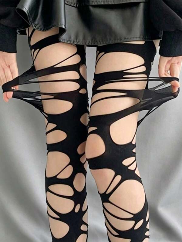 1 Pair Distorted Bandage Fishnet Pantyhose, Ripped Hollow Mesh. High Elastic Y2K Punk Tights For Nightclub & Streetwear.