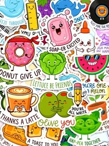 50Pcs Fun Pun Cartoon Stickers, Anthropomorphic Fruits, Vegetables And Food With Humorous English Pun Text Patterns, Suitable For Journal, Water Bottle, Luggage, Notebook, Storage Box - Multicolor - View 9