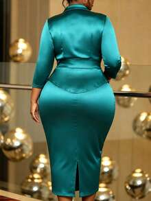 Curvy Women Elegant Satin Two Pieces Set Button Front Peplum Top And Midi Pencil Skirt Slim Fit Business Party Office Work Wear Fall Outfit - Green - View 3