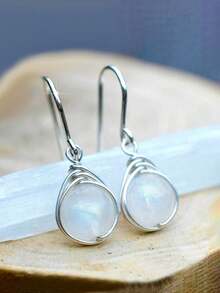 Stone Drop Earrings Vintage Hook White Stone Oval Decor Drop Earrings - Silver - View 1