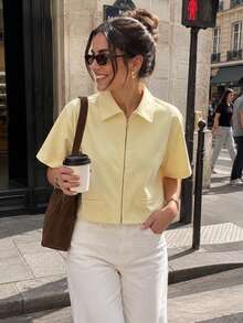 Women's Short Zip-Up Jacket Hoodie, Yellow Short Sleeve, Spring/Summer/Autumn - Yellow - View 4