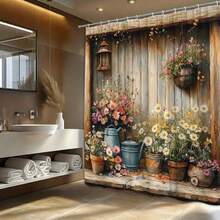 1pc Vintage Style Non-Blackout Polyester Shower Curtain, Decorated With Potted Plants, Vintage Blue Teapot And Floral Patterns, Machine Washable Polyester Fabric, Bathroom Decor, Fashionable Theme Suitable For All Seasons - A - View 1