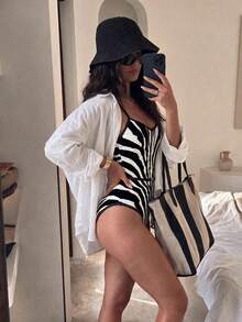 HOTTIE HABIT Black‑White Zebra Stripe Strapless One‑Piece Swimsuit, V‑Notch Front, Slim High‑Cut Monokini, Retro Animal Print Bathing Suit For Beach Pool Vacation - Multicolor - View 4