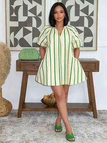 Women's Striped Short Sleeve Pocket Casual Dress, Summer Elegant - Green - View 1