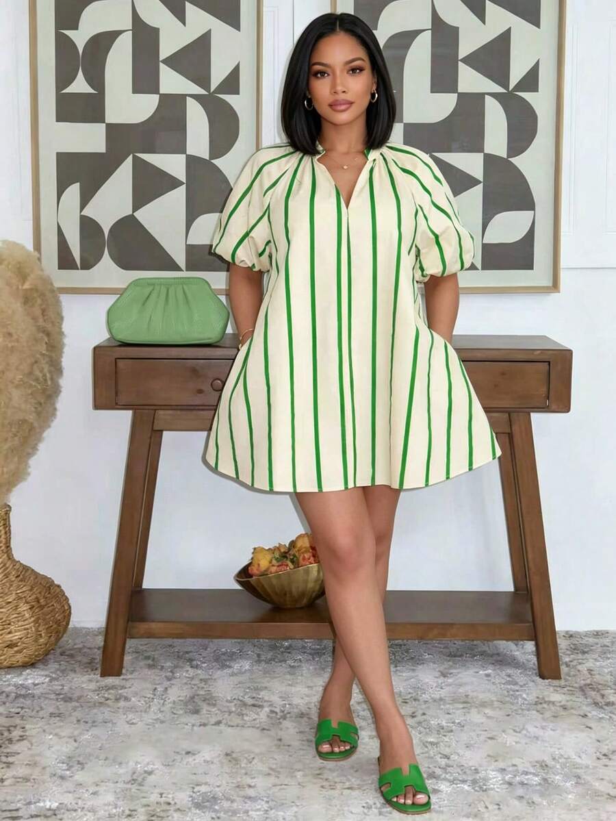 Women's Striped Short Sleeve Pocket Casual Dress, Summer Elegant - Green - View 1