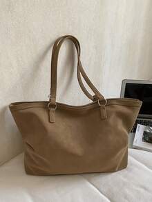 Large Capacity Tote Bag, Retro Style Faux Leather Handbag With Front Pocket For Work & Travel - Brown - View 6