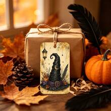 50Pcs Vintage Magic Witch Hat Halloween Gift Tags With String - Rustic Spooky Pumpkin & Magic Lantern Present Wrapping Labels - Autumn Party Favor, Fall Halloween Decor, Treat Bag & DIY Craft Hang Tags - A - View 5