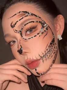 2PCS Black + Red Large & Small Round Rhinestone Face Gems, Self-Adhesive Rhinestone Stickers For Halloween Makeup, Party Gift, Reusable Glitter Decorative Face Jewels - Multicolor - View 5