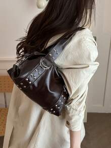 Korean Style Rivet Textured Commuter Work 2026 Large Capacity Hot Girl Motorcycle Handbag Shoulder Underarm Bag - Coffee - View 6