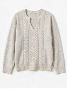 Sweater Rajut Kabel Warna Oatmeal Wanita, Leher V Setengah Terbuka, Pullover Lengan Panjang Longgar Bahu Jatuh Lembut Mirip Wol, Atasan Kasual Sehari-hari untuk Musim Gugur dan Musim Dingin - Aprikot - View 8