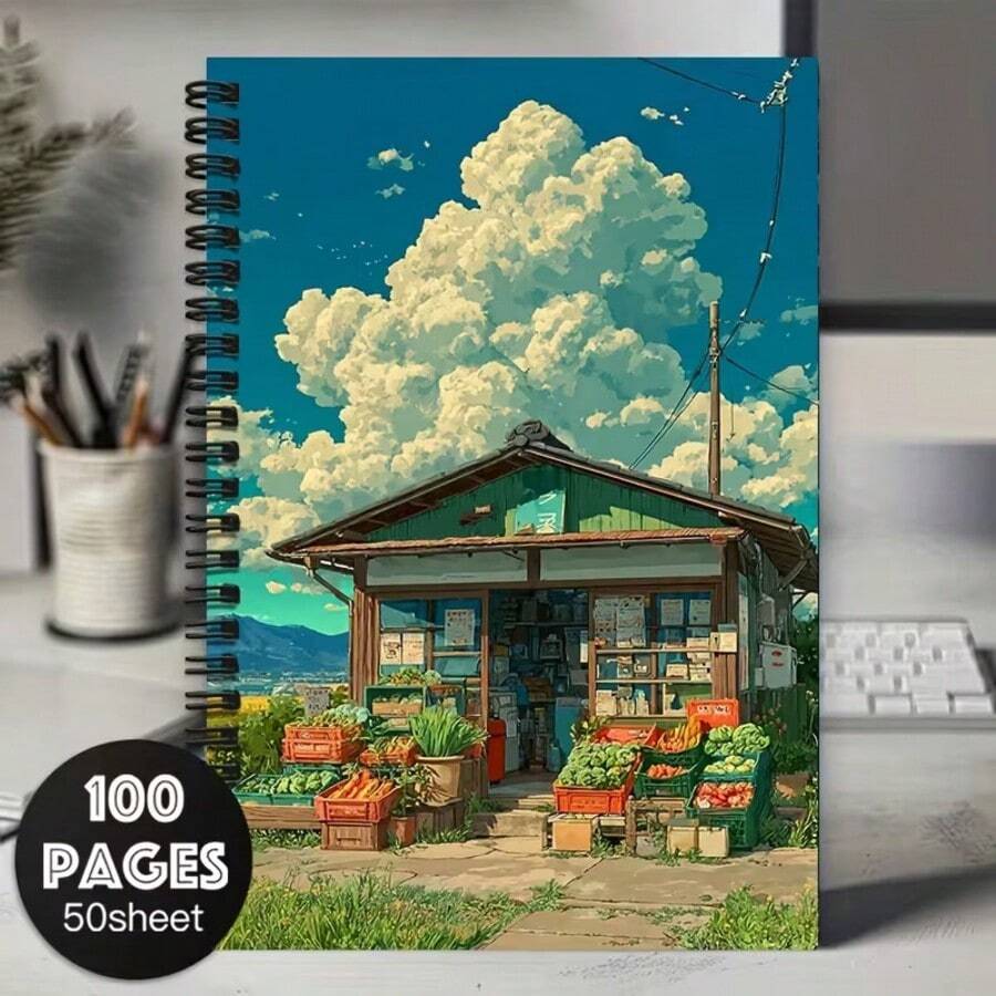 Japanese Rural Shop A5 Notebook With Horizontal Ruled Pages - Pastoral Diary & Planner Suitable For, Office, Journaling, Kawaii Stationery Gift, Compact Notepad For Students And - One Book (50 Pages, 100 Pages) - View 1