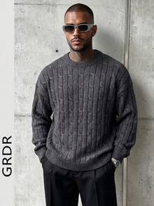 GRDR Men's Casual Cable Knit Crew Neck Long Sleeve Sweater - Grey - View 7