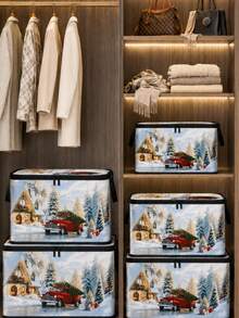 Christmas Foldable Storage Box With Zipper Lid, Collapsible Zipper Storage Bin With Lid And Handles, Large Capacity Clothing And Bedding Organizer Box With Handles, Christmas Tree And Red Truck Pattern Blanket Storage Box - Multicolor - View 6