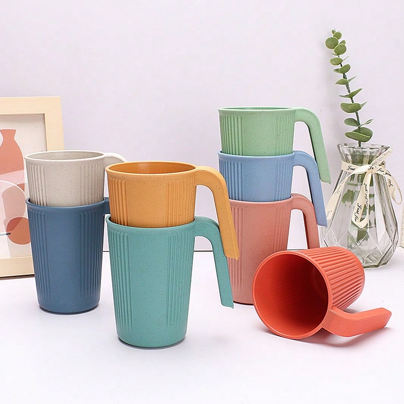 dilidili Wheat Straw Handle Mug, Vertical Striped Texture Drinking Cup, Reusable Lightweight Durable Water Cup, Suitable For Bathroom, Dorm, Home, Travel And Daily Use - Multicolor - View 1